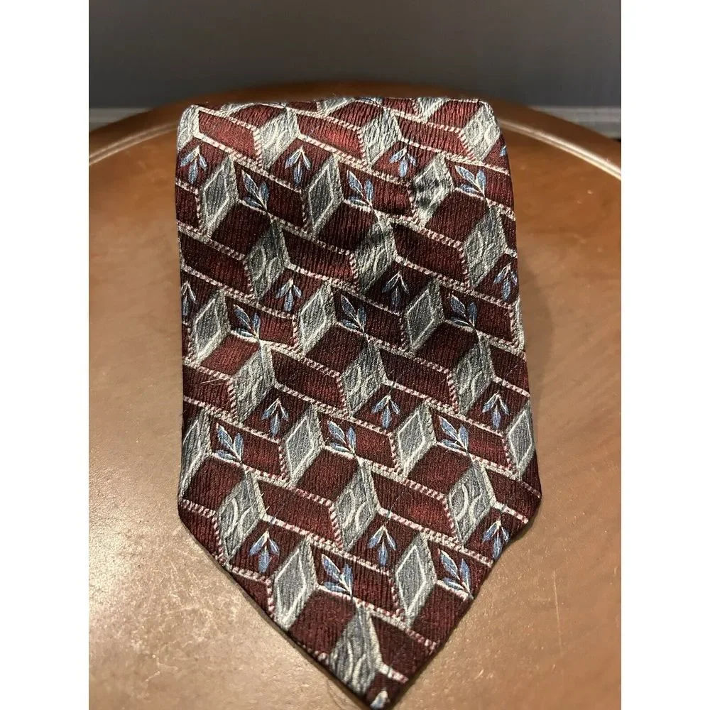 Geoffrey Beene Silk Tie Geometric‎ Pattern Burgundy Gray Blue Mens Formal